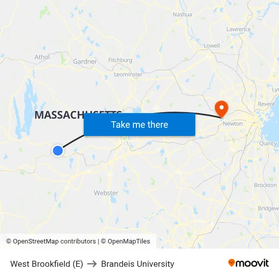 West Brookfield (E) to Brandeis University map