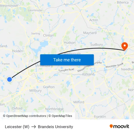 Leicester (W) to Brandeis University map