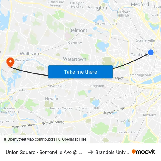 Union Square - Somerville Ave @ Prospect St to Brandeis University map