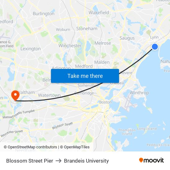 Blossom Street Pier to Brandeis University map