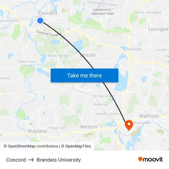 Concord to Brandeis University map