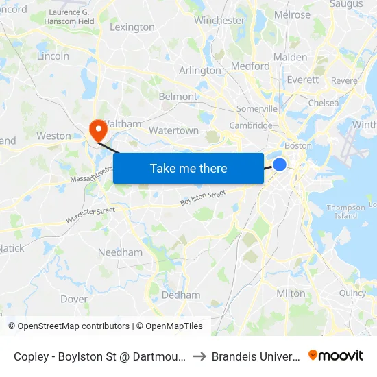 Copley - Boylston St @ Dartmouth St to Brandeis University map