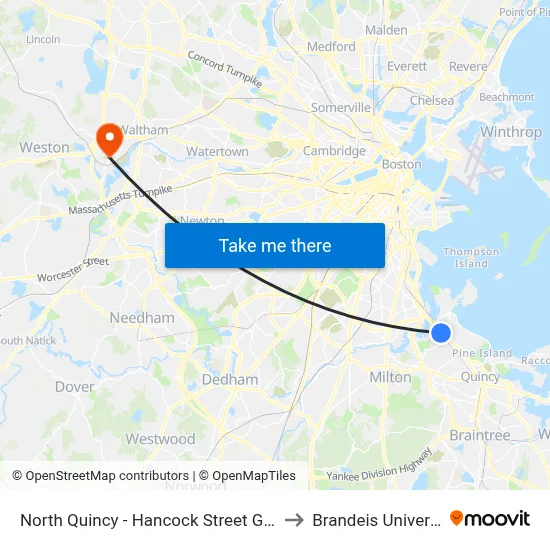 North Quincy - Hancock Street Garage to Brandeis University map