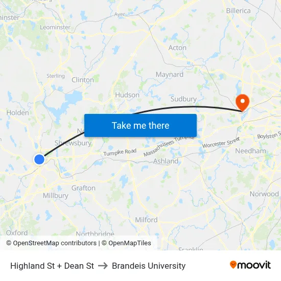Highland St + Dean St to Brandeis University map