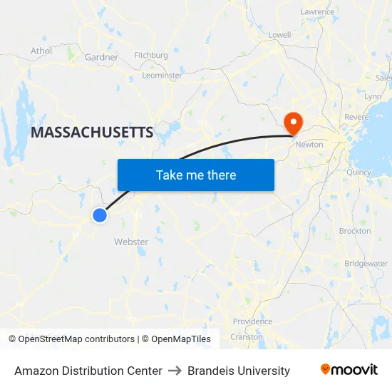 Amazon Distribution Center to Brandeis University map