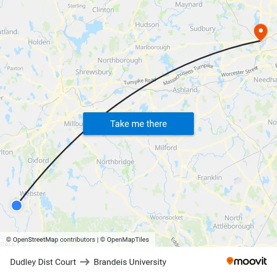 Dudley Dist Court to Brandeis University map