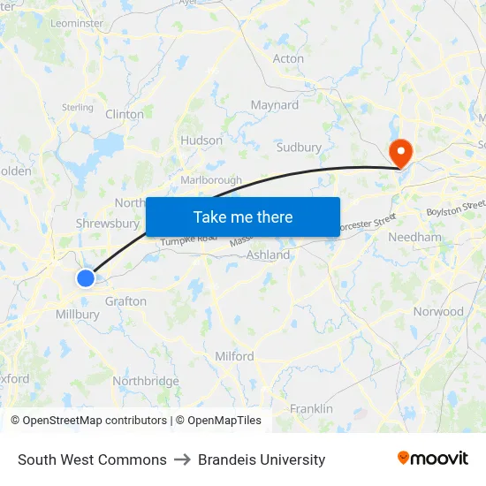 South West Commons to Brandeis University map