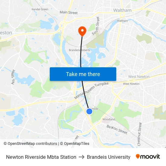 Newton Riverside Mbta Station to Brandeis University map