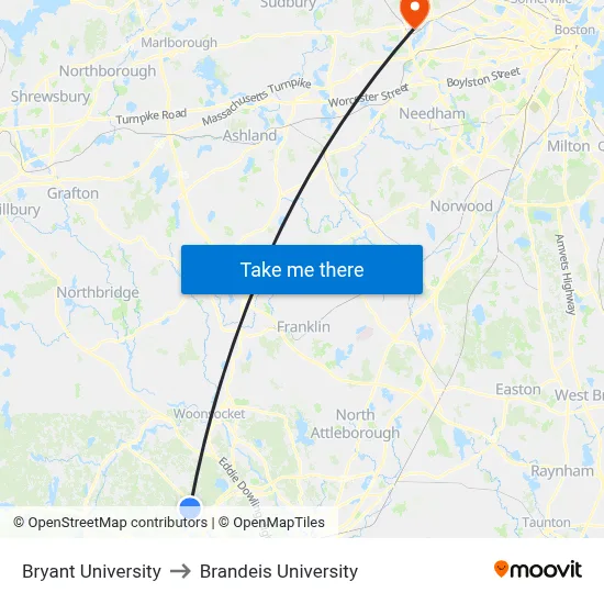 Bryant University to Brandeis University map