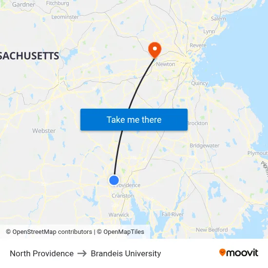 North Providence to Brandeis University map