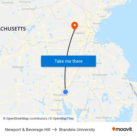 Newport & Beverage Hill to Brandeis University map