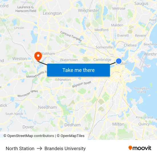 North Station to Brandeis University map