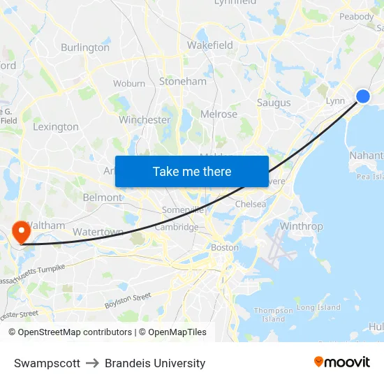Swampscott to Brandeis University map