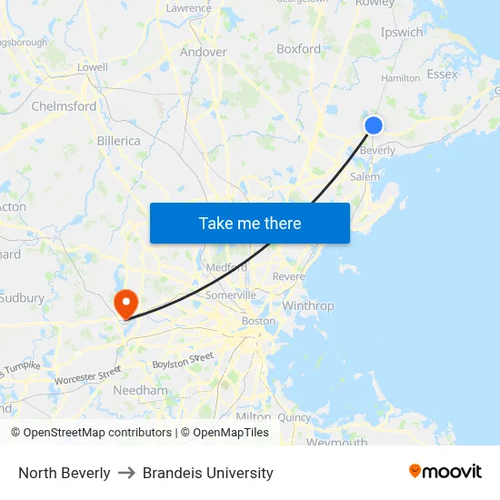 North Beverly to Brandeis University map