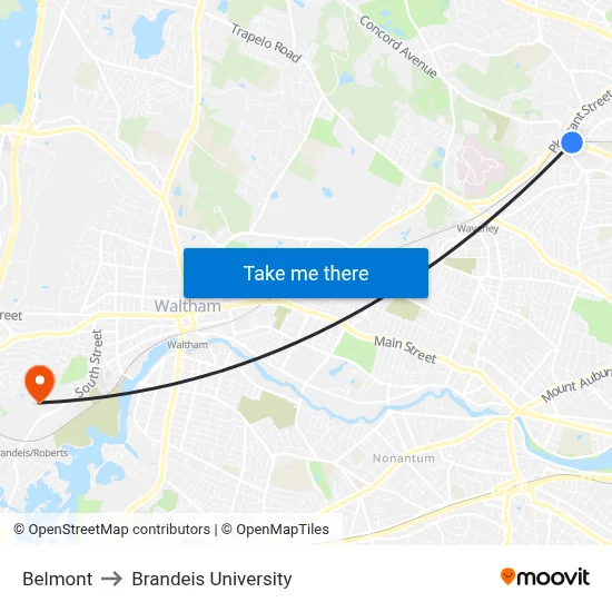 Belmont to Brandeis University map
