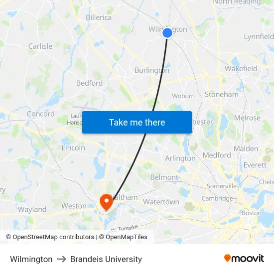 Wilmington to Brandeis University map