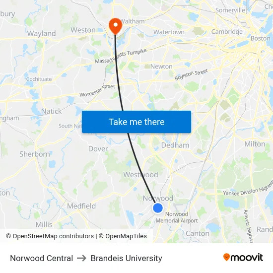 Norwood Central to Brandeis University map