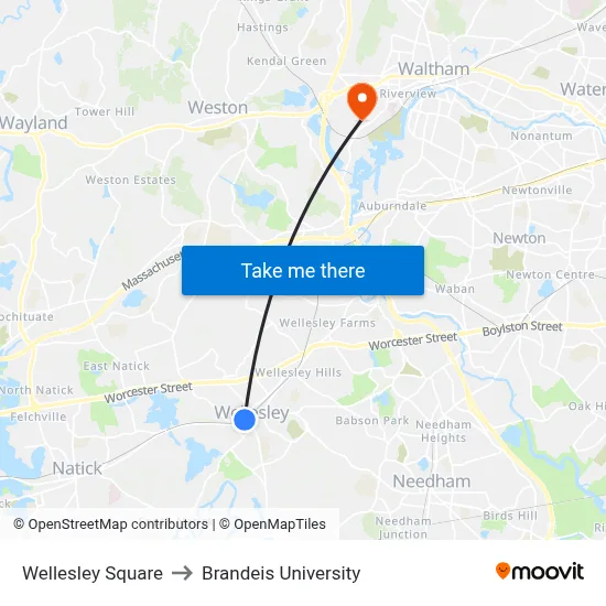 Wellesley Square to Brandeis University map