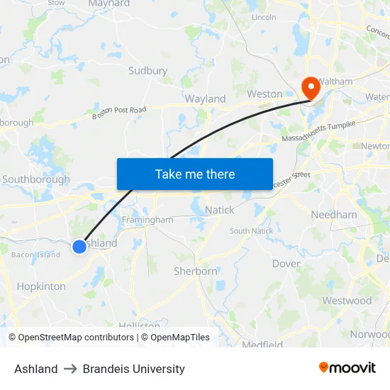 Ashland to Brandeis University map