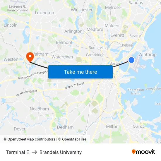 Terminal E to Brandeis University map