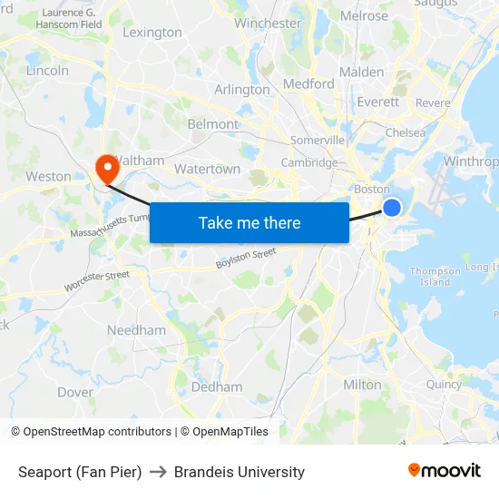 Seaport (Fan Pier) to Brandeis University map