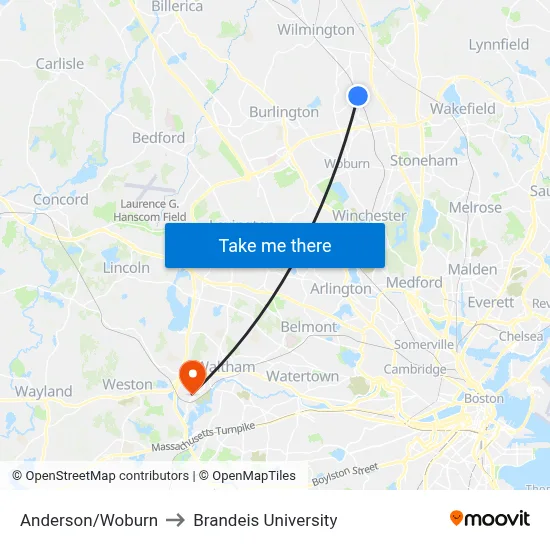 Anderson/Woburn to Brandeis University map
