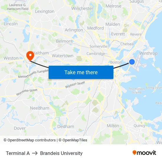 Terminal A to Brandeis University map