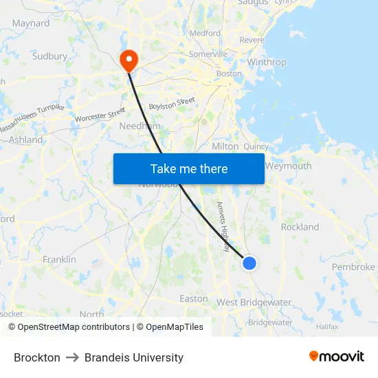 Brockton to Brandeis University map