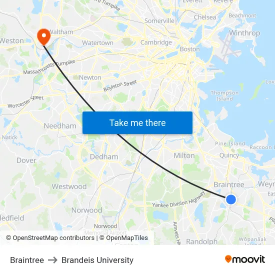 Braintree to Brandeis University map
