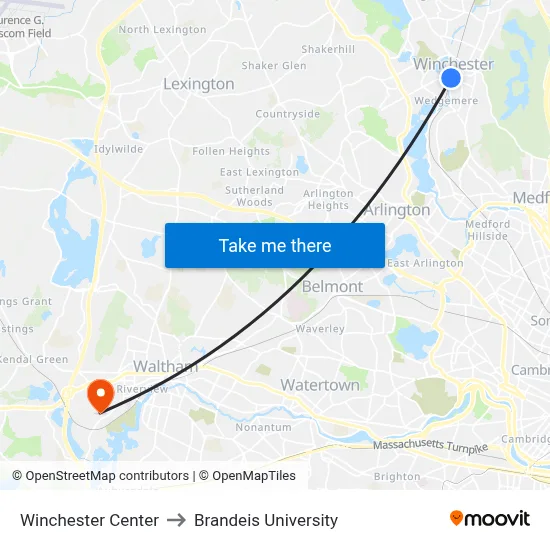 Winchester Center to Brandeis University map