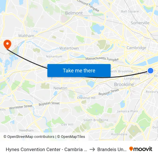 Hynes Convention Center - Cambria St @ Boylston St to Brandeis University map