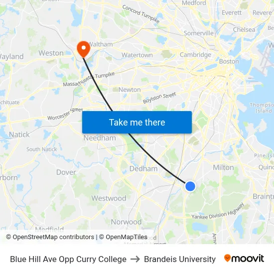 Blue Hill Ave Opp Curry College to Brandeis University map
