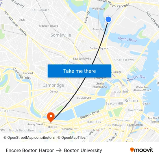Encore Boston Harbor to Boston University map
