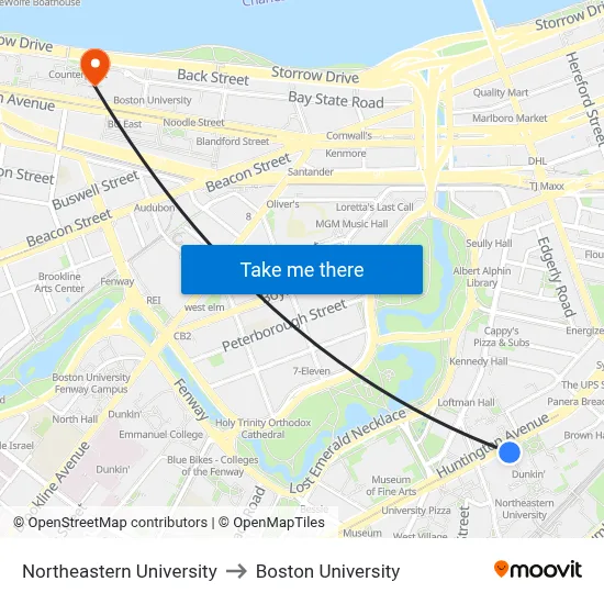 Northeastern University to Boston University map