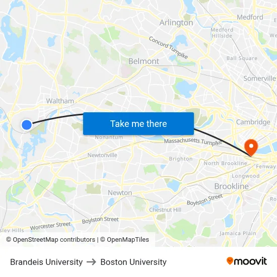 Brandeis University to Boston University map