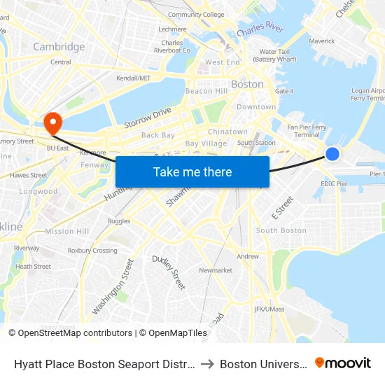 Hyatt Place Boston Seaport District to Boston University map