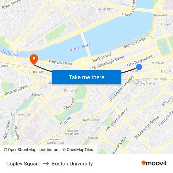 Copley Square to Boston University map