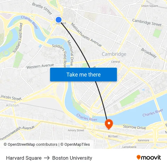 Harvard Square to Boston University map