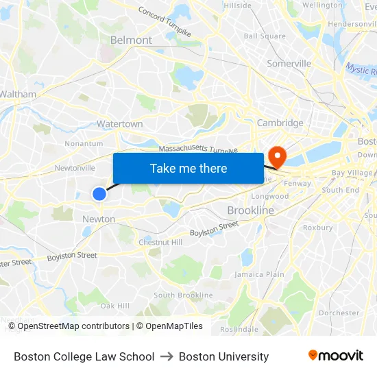 Boston College Law School to Boston University map