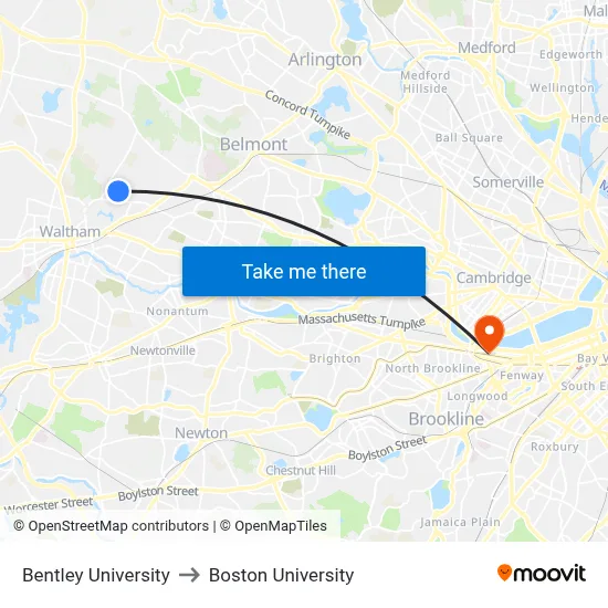 Bentley University to Boston University map