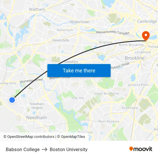 Babson College to Boston University map
