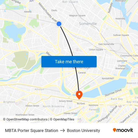 MBTA Porter Square Station to Boston University map