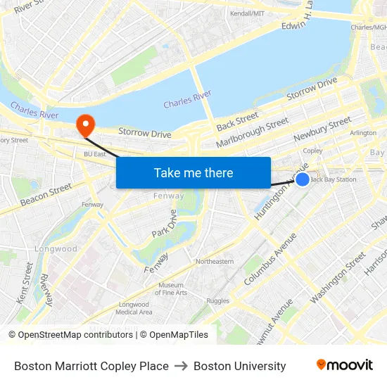 Boston Marriott Copley Place to Boston University map