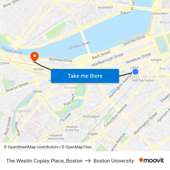The Westin Copley Place, Boston to Boston University map