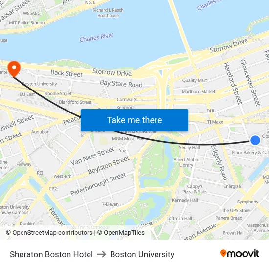 Sheraton Boston Hotel to Boston University map