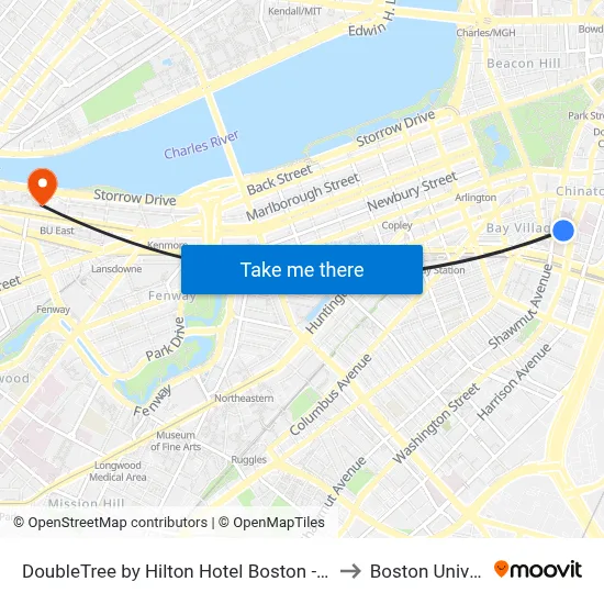 DoubleTree by Hilton Hotel Boston - Downtown to Boston University map