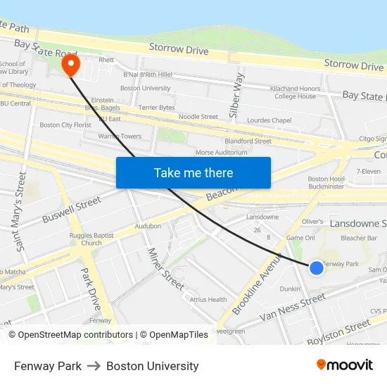 Fenway Park to Boston University map