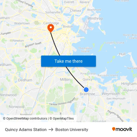 Quincy Adams Station to Boston University map