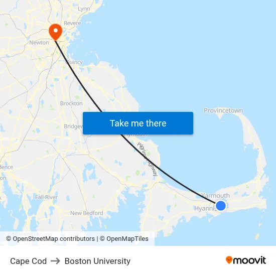 Cape Cod to Boston University map