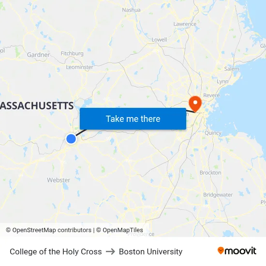 College of the Holy Cross to Boston University map